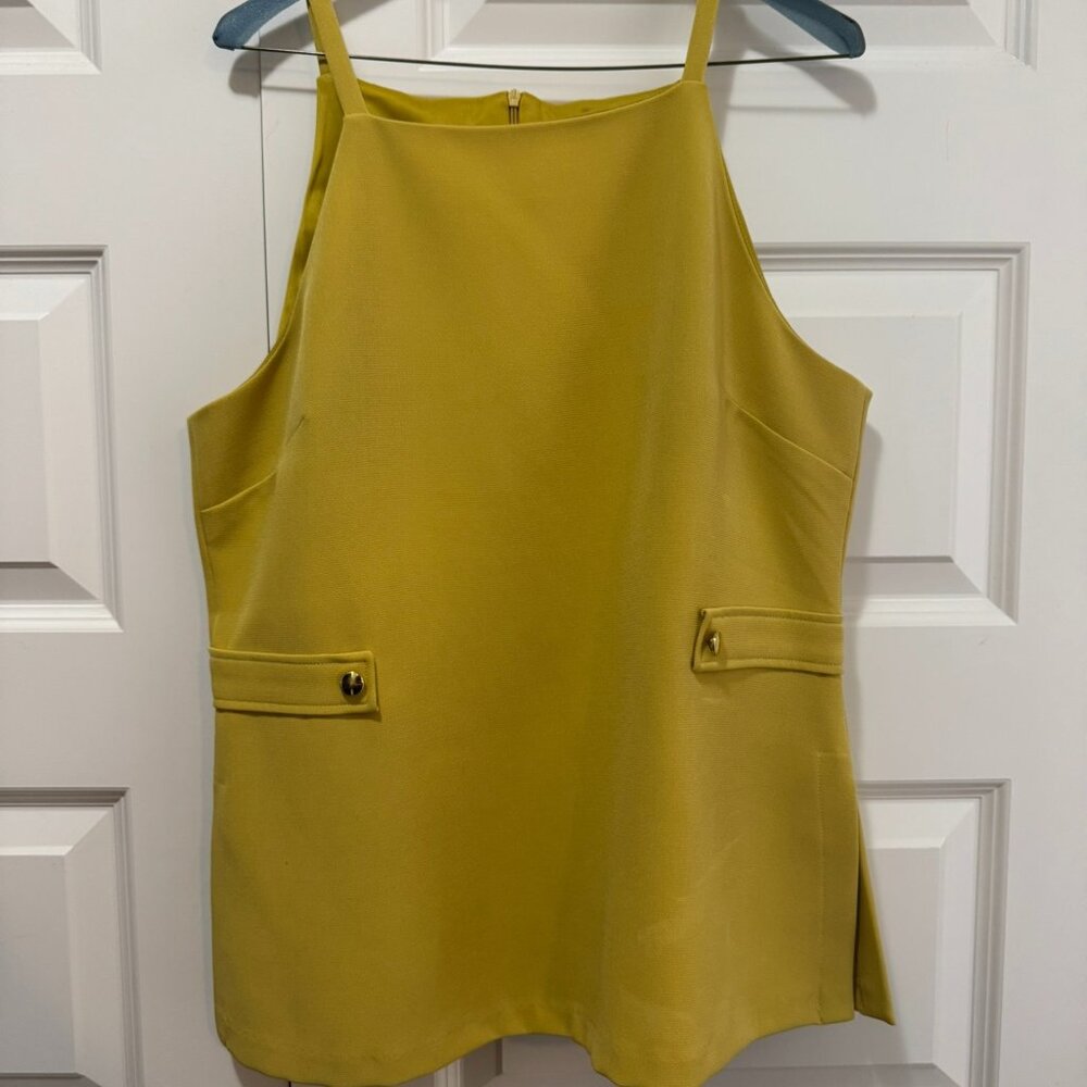 Women’s Mustard Yellow Sleeveless Blouse with Gold Button Detail – Size Large